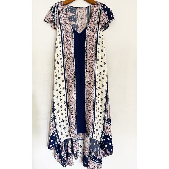 Anthropologie Maeve Dress M Blue Pink Floral Boho Flare Midi High Low Swing - Picture 1 of 8